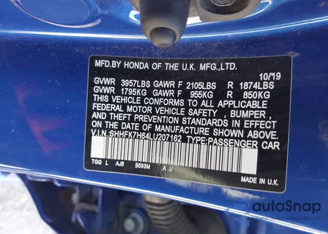 2020 Honda Civic Ex z USA, uszkodzony, nr VIN SHHFK7H64LU207162